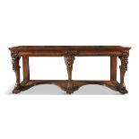 A GEORGE IV MAHOGANY SIDEBOARD, the moulded frieze with fitted drawers, on three well carved