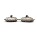 A PAIR OF FINE GEORGE IV SHAPED SILVER ENTREE DISHES, London c.1829, maker's mark of J.E. Terry.