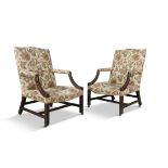 A PAIR OF GEORGE III GAINSBOROUGH ARMCHAIRS, the back and seats covered in cream floral upholstery,