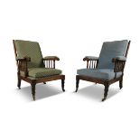 A PAIR OF VICTORIAN STAINED BEECH FRAMED ARMCHAIR, the turned spindle frame backs with large