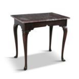 A GEORGE III MAHOGANY RECTANGULAR OCCASIONAL TABLE, with later red marble top on slender cabriole