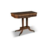 A GEORGE IV INLAID ROSEWOOD SHAPED RECTANGULAR FOLDING TOP CARD TABLE, decorated with boxwood