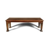 A PAIR OF VICTORIAN OAK LONG RECTANGULAR BENCHES, raised on square tapering panelled legs with