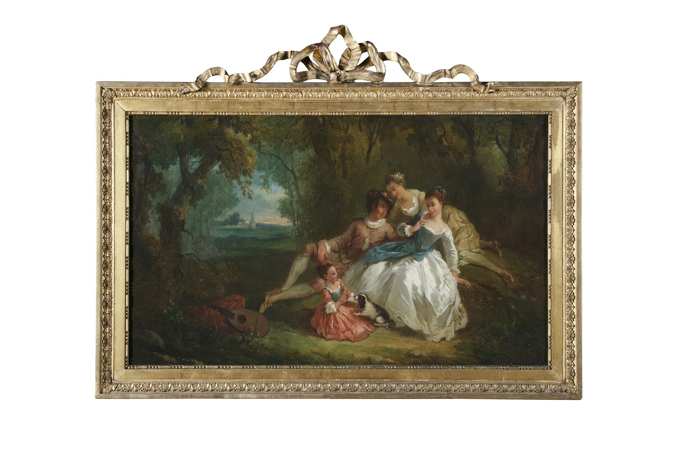 FOLLOWER OF WATTEAU Lovers and attendants in forest landscape A pair, oils on canvas,