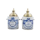 A PAIR OF 18TH CENTURY FRENCH FAIENCE TOBACCO JARS, each with matched brass domed lids,