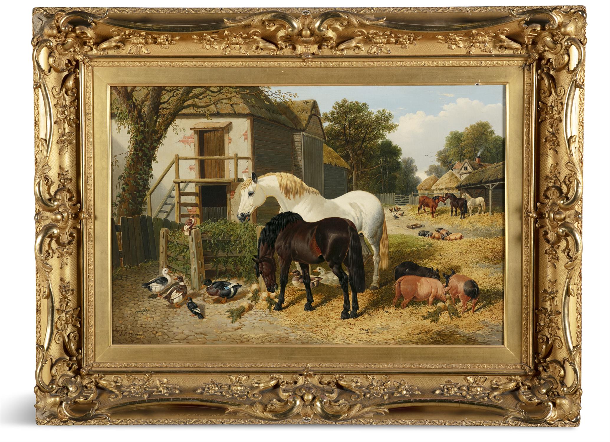JOHN FREDERICK HERRING JNR (1820 - 1907) A Farmyard Scene with Horses, Pigs, Ducks and Chickens