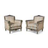 A PAIR OF FRENCH CREAM AND GILT PAINTED UPHOLSTERED ARMCHAIRS 19TH CENTURY, the padded back