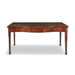 A GEORGE III INLAID MAHOGANY SERPENTINE FRONT SIDE TABLE, on square tapering legs.