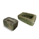 TWO 18TH CENTURY CARVED LIMESTONE DUCK TROUGHS. One 61 x 42 c 23cm high; the other 26 x 40 x 27cm