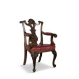 A 19TH CENTURY GEORGIAN STYLE MAHOGANY FRAMED ELBOW CHAIR, the open back with vase shaped splat,