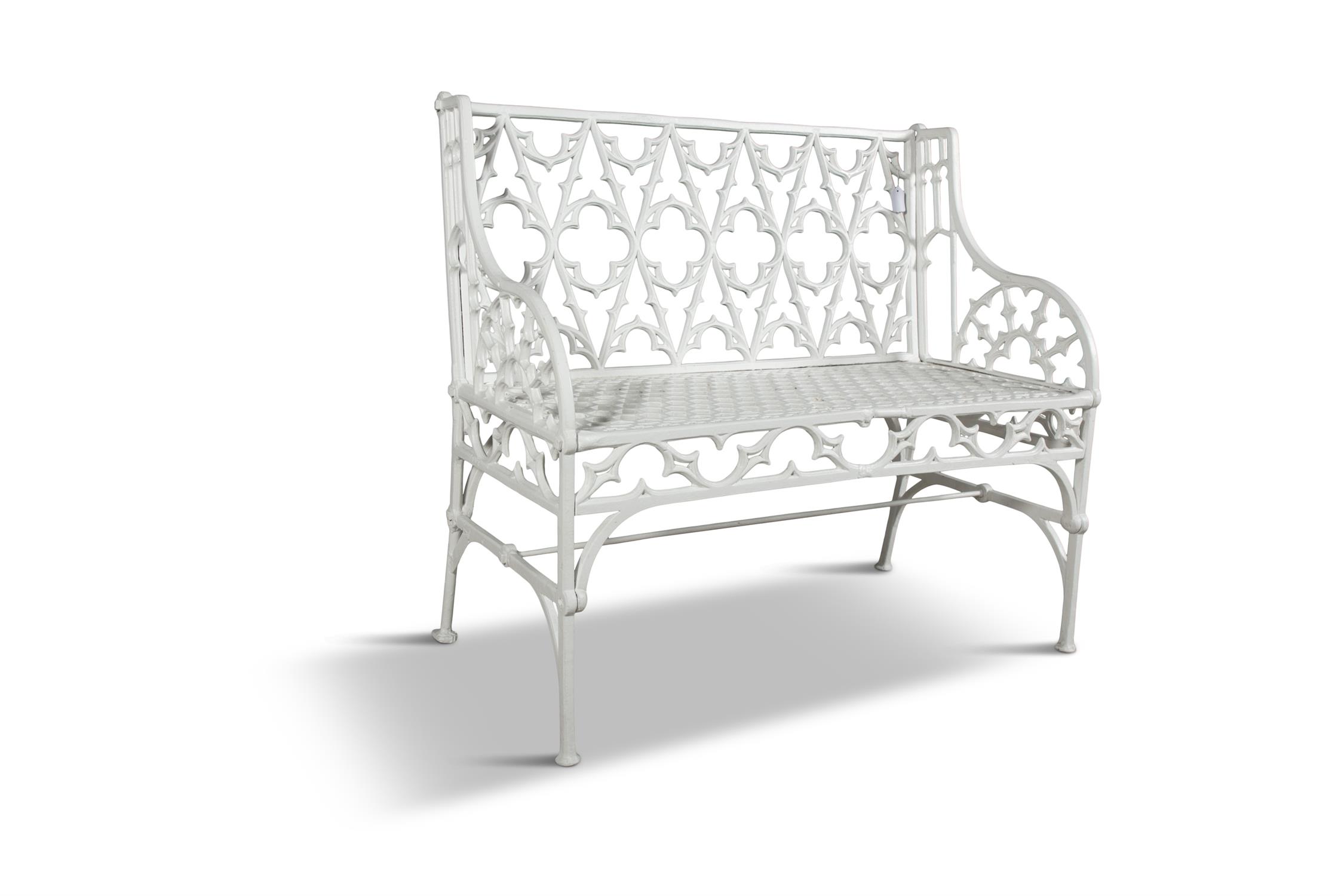 A PAIR OF VICTORIAN CAST IRON TWO SEAT GARDEN CHAIRS, in the gothic taste with open tracery and - Image 2 of 2