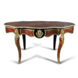 A FRENCH BOULLE OVAL CENTRE TABLE, 19th century, the shaped top decorated with cut brass inlay