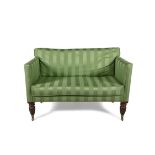 A MID 19TH CENTURY MAHOGANY FRAMED TWO-SEATER SOFA, upholstered in brass studded striped green