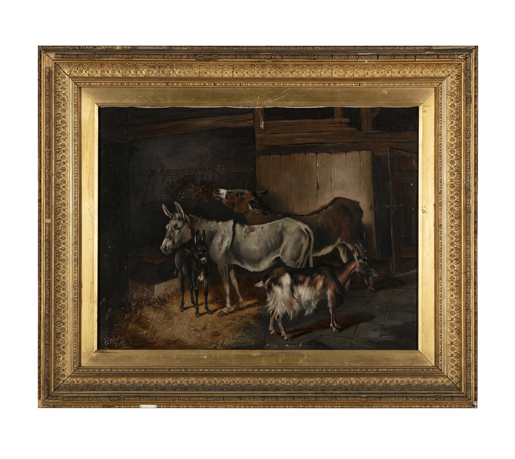 ALFRED WHEELER (1821-1877) Donkeys and goats in a stable Oil on canvas, 45 x 60cm Signed