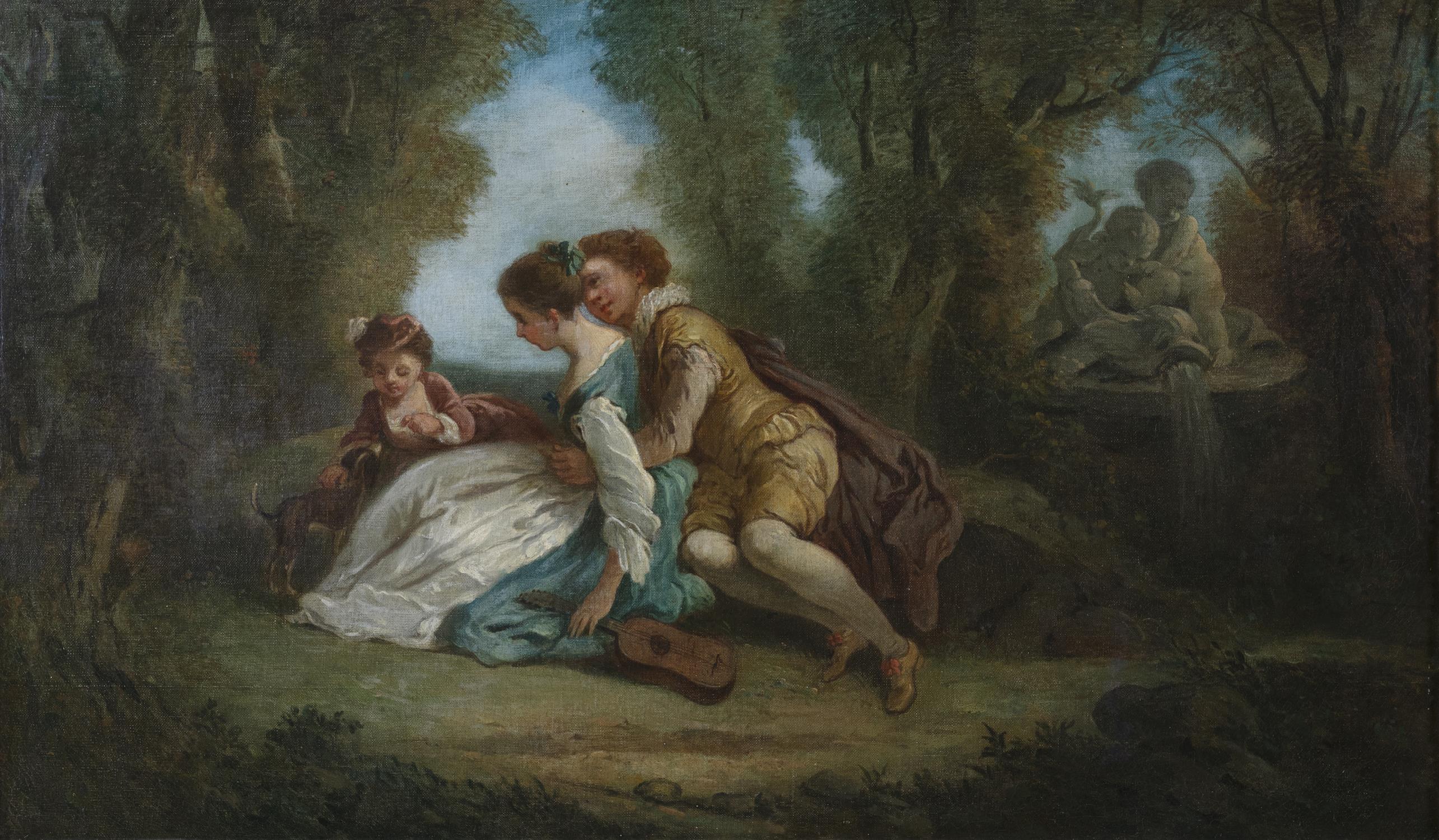 FOLLOWER OF WATTEAU Lovers and attendants in forest landscape A pair, oils on canvas, - Bild 5 aus 6