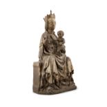 A FRENCH CARVED WOOD MODEL OF MADONNA AND CHILD, PROBABLY 16TH CENTURY, the crowned Madonna seated