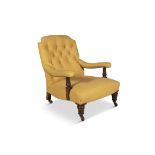 A 19TH CENTURY MAHOGANY FRAMED EASY CHAIR, the button back, padded seat and arms upholstered in