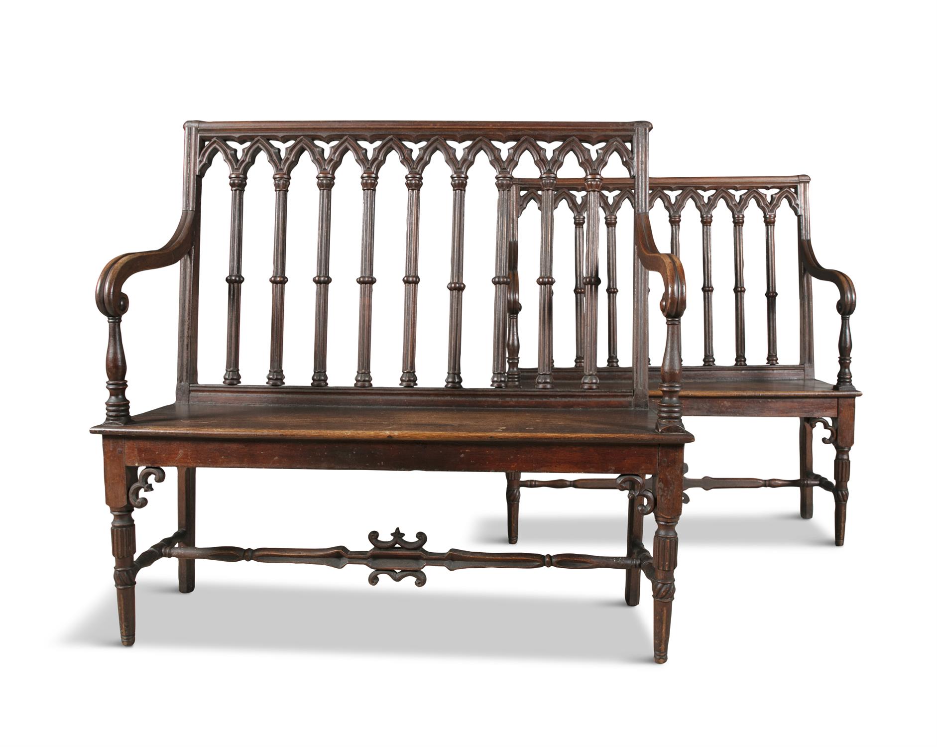 A MATCHED PAIR OF 19TH CENTURY CARVED OAK BENCHES, in the Gothic style, the arched gallery backs - Bild 2 aus 4