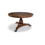 A WILLIAM IV ROSEWOOD CIRCULAR BREAKFAST TABLE, the moulded rim on centre pillar with triangular