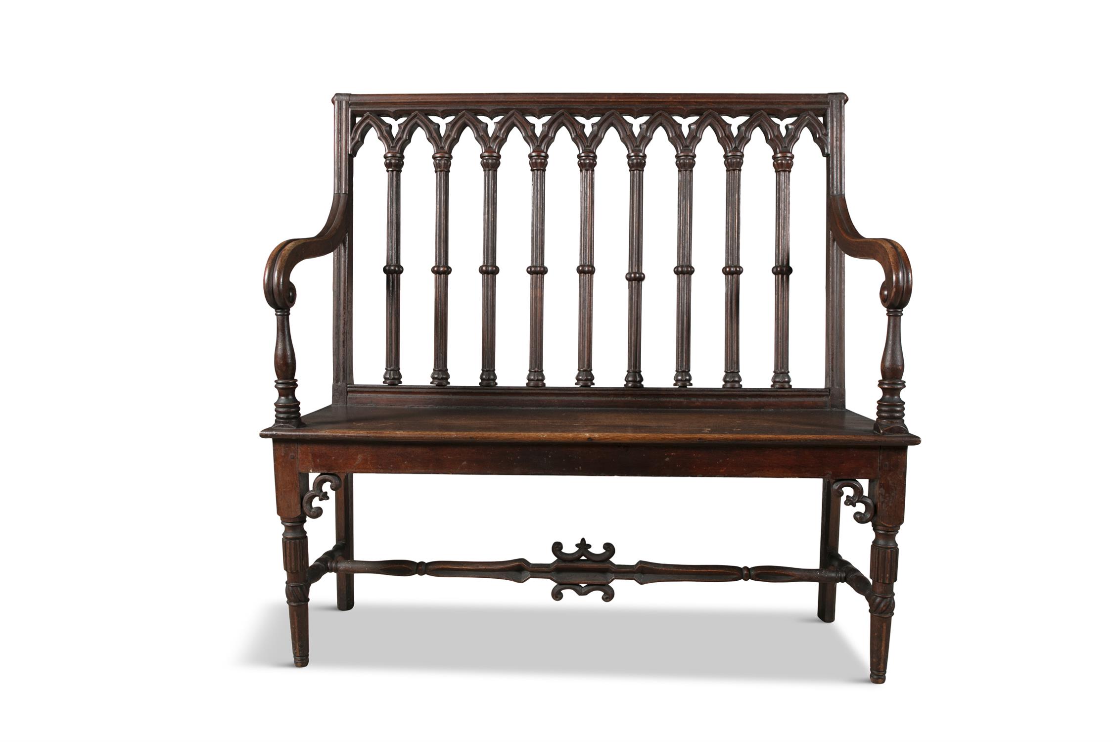 A MATCHED PAIR OF 19TH CENTURY CARVED OAK BENCHES, in the Gothic style, the arched gallery backs - Bild 3 aus 4