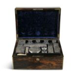 A 19TH CENTURY CORAMANDEL AND BRASS BOUND LADIES TRAVELLING VANITY CASE, the hinged lid with