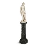 A 19TH CENTURY WHITE MARBLE STATUE OF DIANA, on a later green marble base. 90cm high (marble