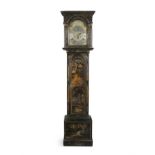 A GEORGE I JAPANNED LONG CASE CLOCK, the tabernacle hood enclosing a brass dial with steel