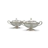 A PAIR OF GEORGE III NAVETTE-SHAPED SILVER SAUCE TUREENS AND COVERS, London c.1777,