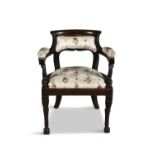 A GEORGE III MAHOGANY FRAMED LADIES OPEN ARMCHAIR, the curved open back and arms padded and