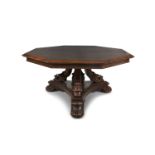 A VICTORIAN ROSEWOOD OCTAGONAL BREAKFAST TABLE, with stepped moulded rim, on carved scroll