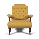 A 19TH CENTURY BUTTON BACK EASY CHAIR, with yellow upholstery, padded armrests,