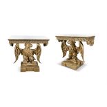 A PAIR OF 19TH CENTURY CARVED GILTWOOD CONSOLE TABLES, the white marble tops above above a Greek