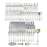 A SUITE OF RUSSIAN SILVER FIDDLE PATTERN FLATWARE, Moscow 1893/1894, marked 84 zoltniks and