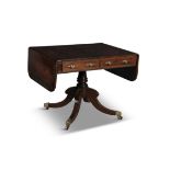 A REGENCY INLAID ROSEWOOD DOUBLE DROP LEAF SOFA TABLE decorated with brass inlay on a crossbanded