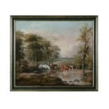 ENGLISH SCHOOL (19TH CENTURY) Huntsman watering horses and cattle in a wooded river landscape Oil