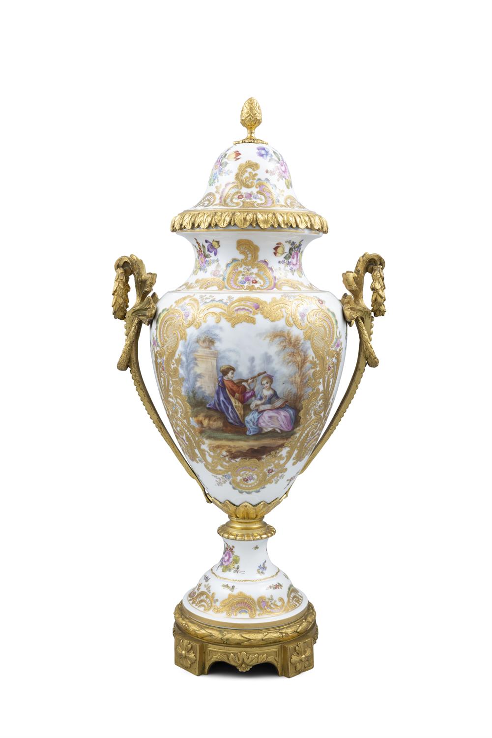 A 19TH CENTURY CONTINENTAL PORCELAIN ORMOLU VASE AND COVER, signed Wattaux, of baluster form,