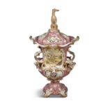 A 19TH CENTURY STAFFORDSHIRE POT POURRI VASE AND COVER, c.1840, the rococo campagna shaped body