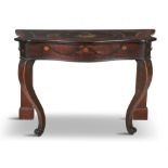 A NORTH EUROPEAN SYCAMORE, HOLLY, ROSEWOOD AND MARQUETRY SERPENTINE CONSOLE TABLE,