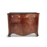 A GEORGE III MAHOGANY SERPENTINE FRONT SIDE CABINET, the crossbanded top with boxwood stringing,