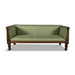 A WILLIAM IV MAHOGANY FRAMED METAMORPHIC SETTEE / SOFA BED, upholstered in green damask,