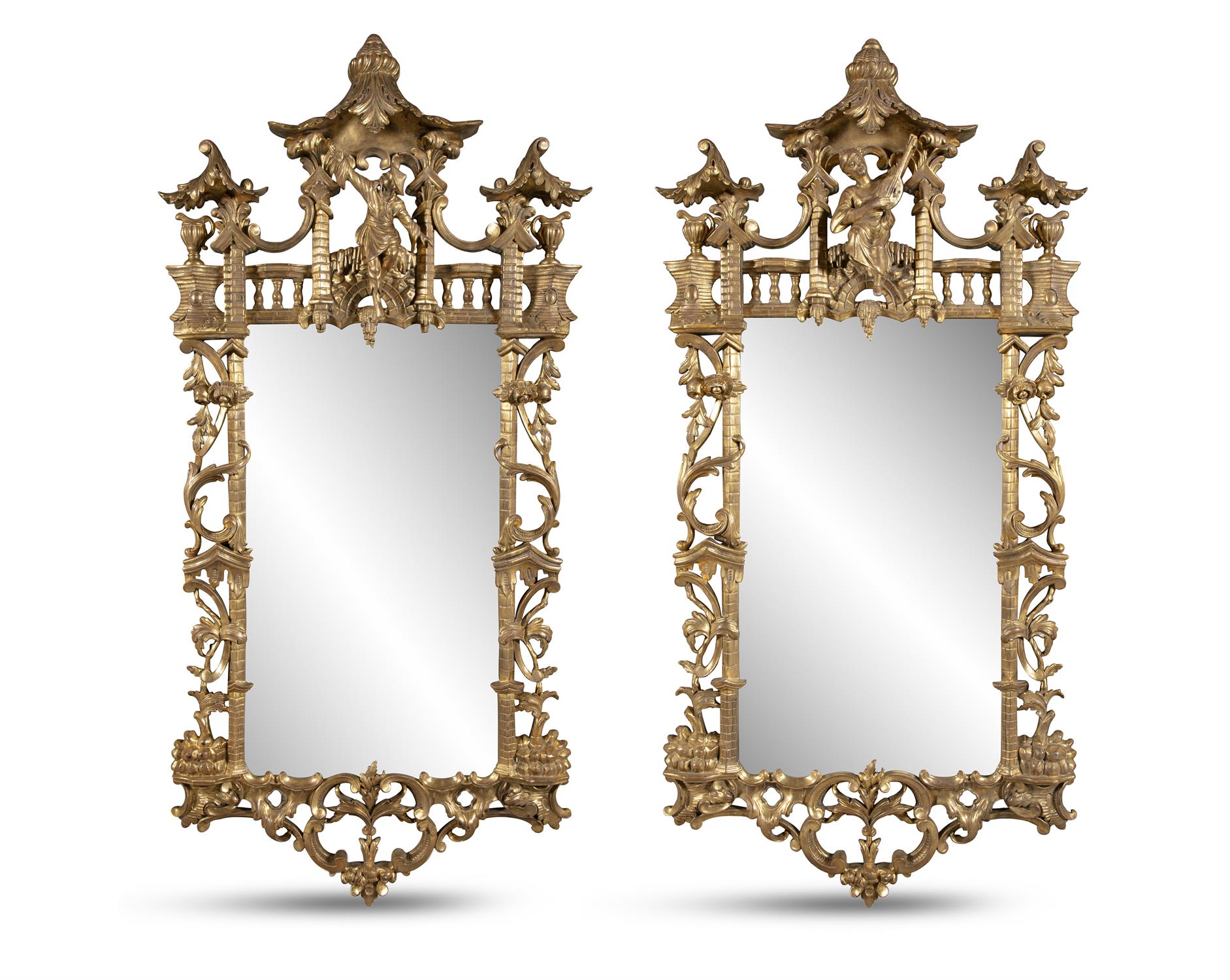 A PAIR OF GEORGE III STYLE GILTWOOD WALL MIRRORS IN CHINESE CHIPPENDALE MANNER, the well carved