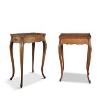 A PAIR OF 19TH CENTURY STYLE KINGSWOOD SHAPED RECTANGULAR SIDETABLES, the quarter veneered tops