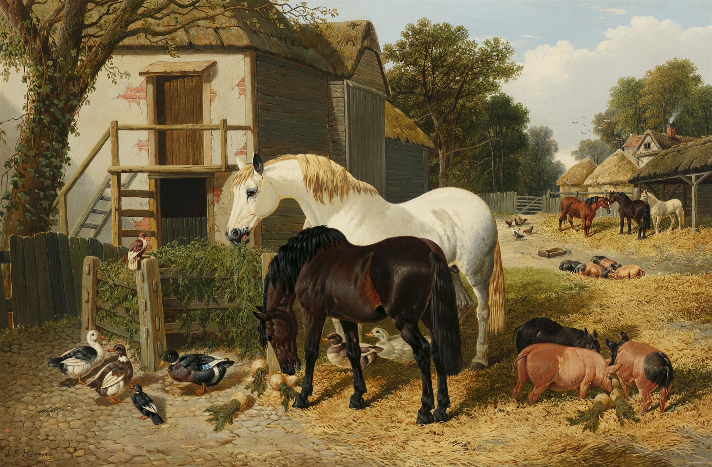 JOHN FREDERICK HERRING JNR (1820 - 1907) A Farmyard Scene with Horses, Pigs, Ducks and Chickens - Bild 2 aus 6