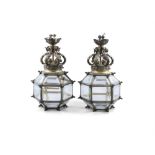 A PAIR OF FRENCH GILT BRONZE HALL LANTERNS, 19th Century of hexagonal shape, fitted with multiple