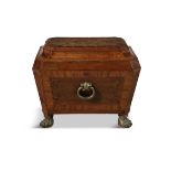 A GEORGE IV INLAID MAHOGANY WINE COOLER, of sarcophagus form, the flat hinged lid opening to