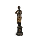 A LARGE 19TH CENTURY VENETIAN PAINTED CARVED WOOD STANDING BLACKAMOOR FIGURE, raised on plinth