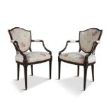 A PAIR OF 19TH CENTURY MAHOGANY OPEN ARMCHAIRS, after Hepplewhite, the shield shaped back seats