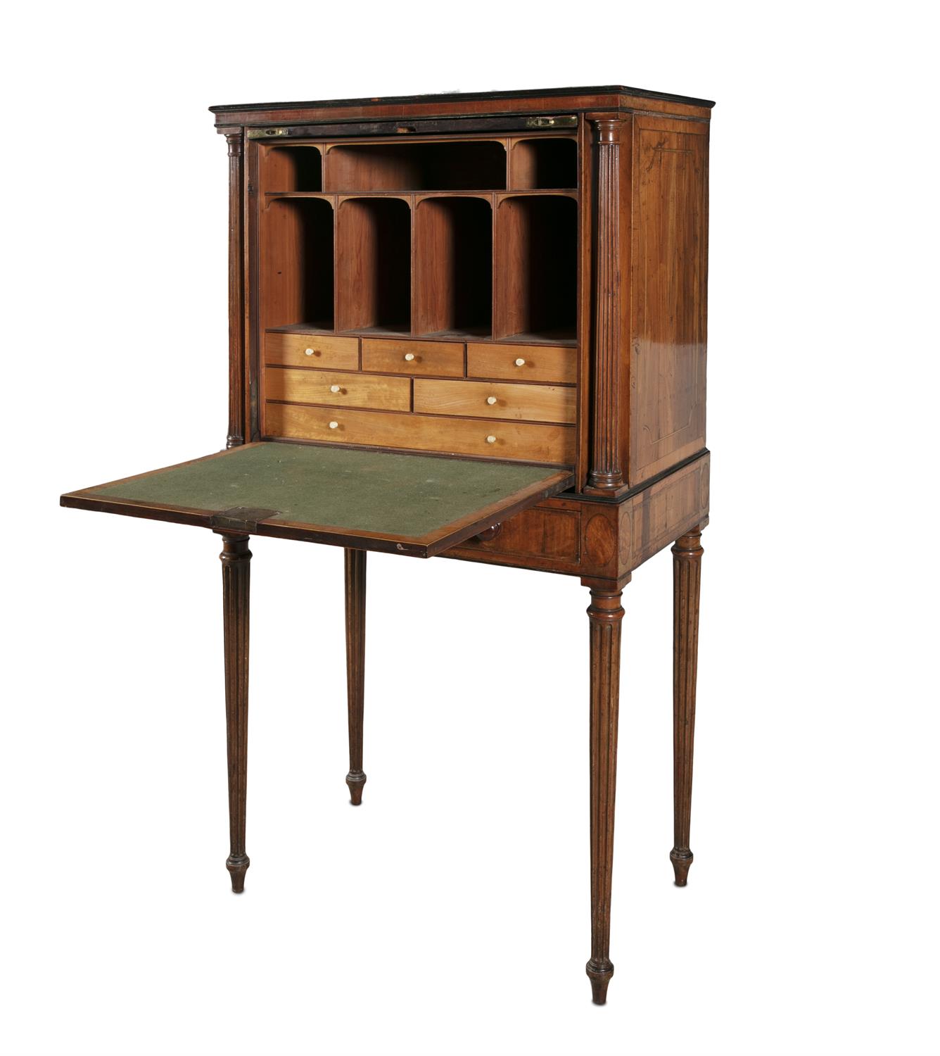 A GEORGE III YEWOOD VENEERED SECRETAIRE CABINET, probably Irish, the crossbanded rectangular top