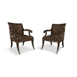 A PAIR OF WILLIAM IV STYLE FAUX ROSEWOOD ARMCHAIRS, with fluted parcel gilt frame,