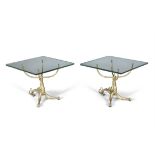 SIDE TABLES A pair of Hollywood regency style gilt metal side tables with scalloped glass tops.